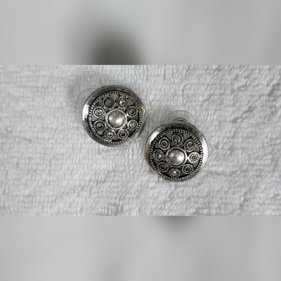CHICO'S Antiqued Silver Crystal Stud Medallion Earrings - Picture 4 of 5